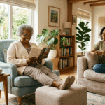 Caregiver caring for a parent with dementia in a comfortable living room setting