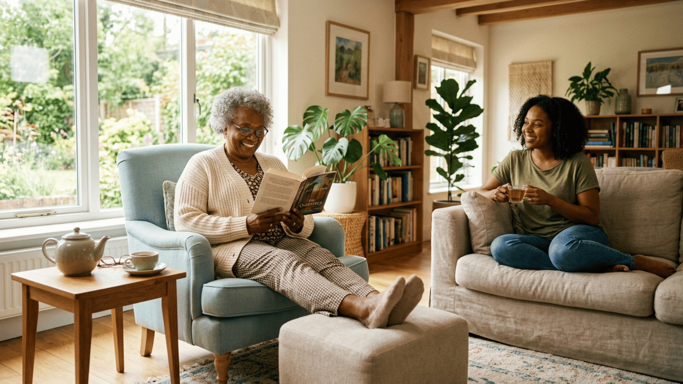 Senior relaxing comfortably at home with support from an in-home caregiver