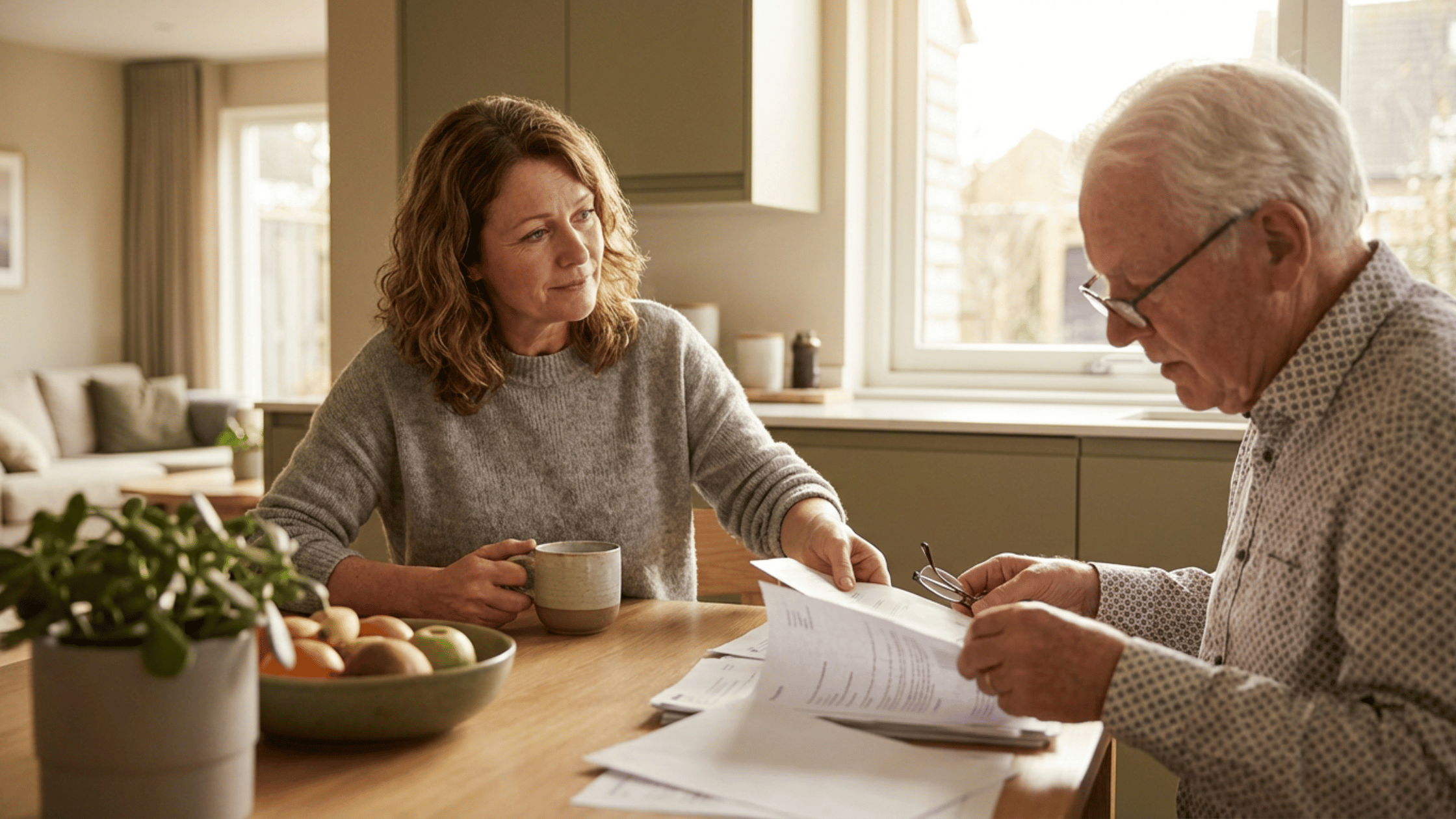Adult daughter helping her aging parent at the kitchen table while noticing signs they may need in-home care