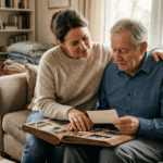Adult child helping an aging parent with memory support activities at home