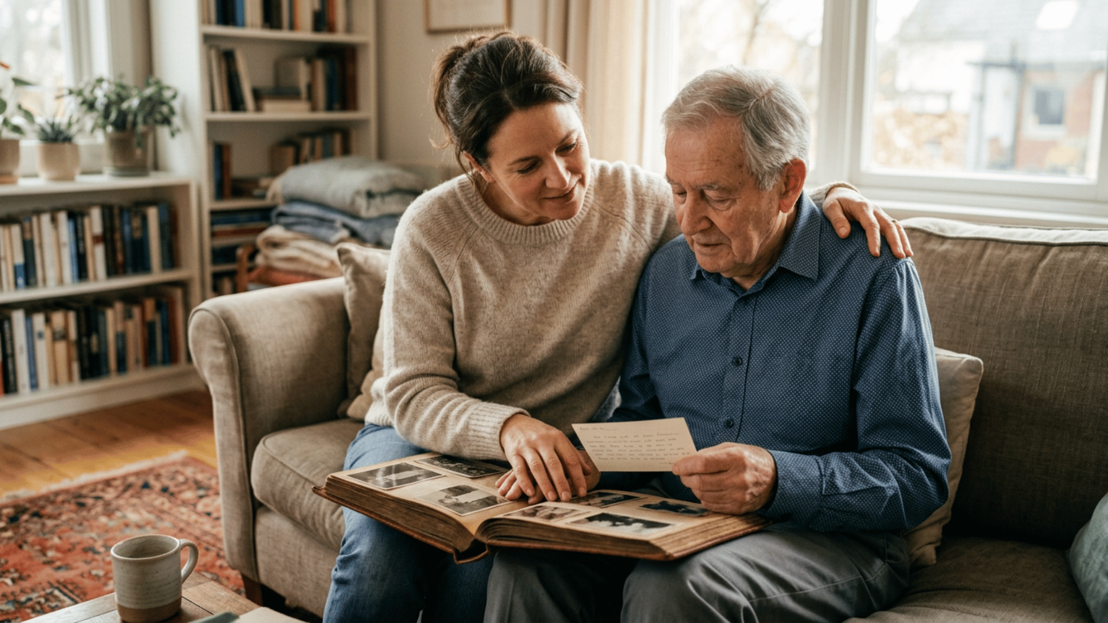 Adult child helping an aging parent with memory support activities at home