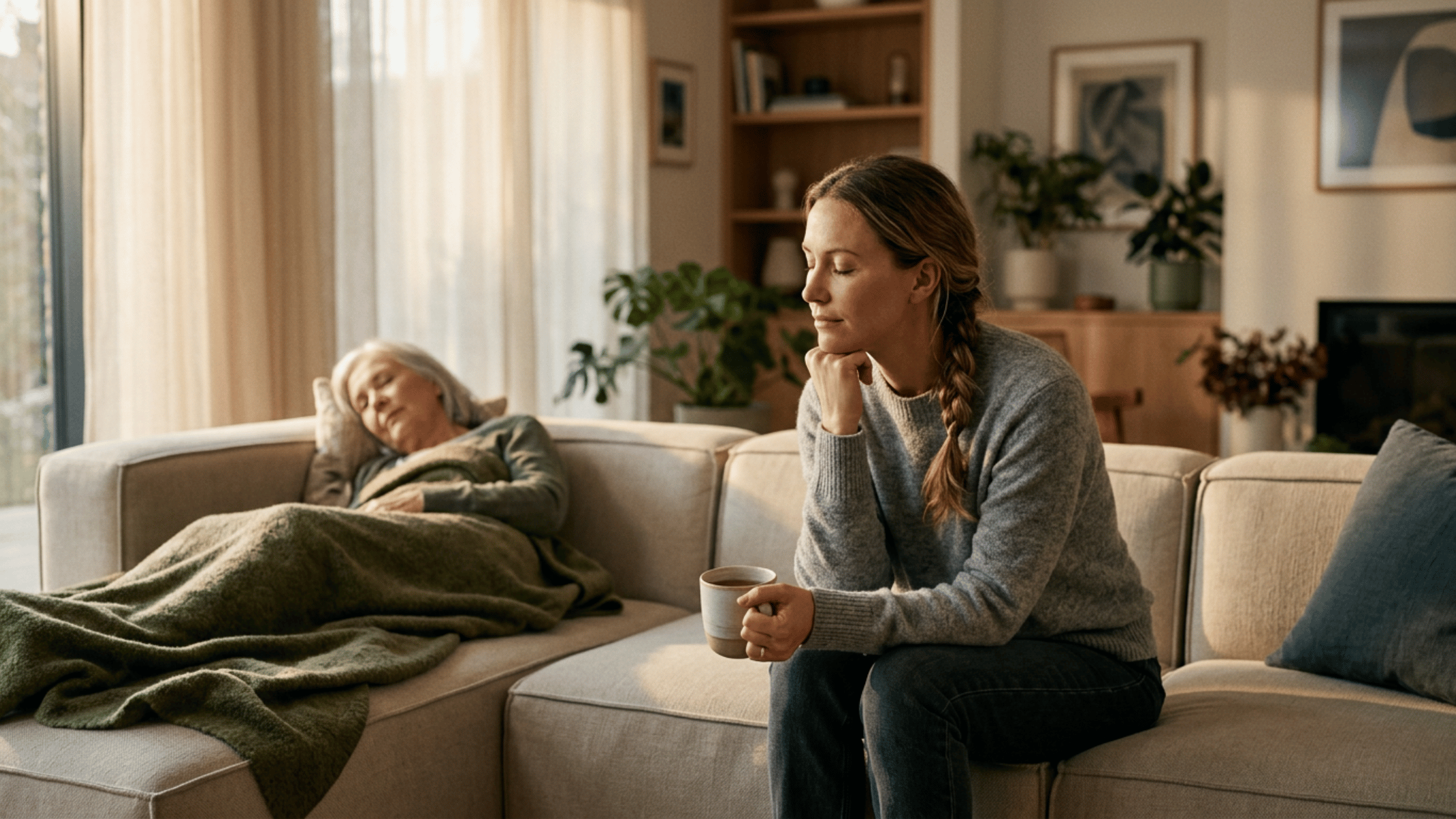 Family caregiver taking a quiet moment to rest while caring for an aging parent at home to avoid caregiver burnout