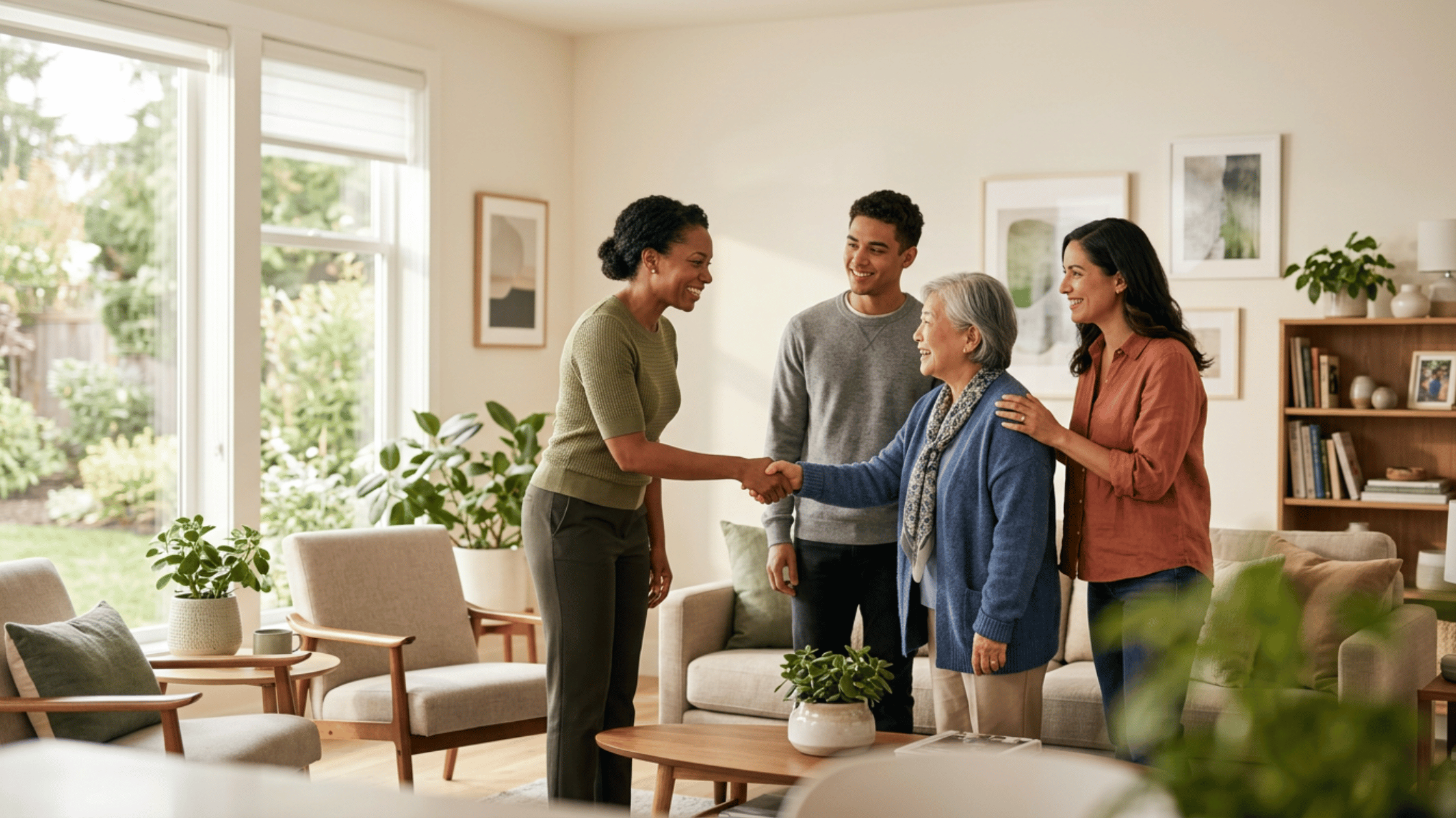 Family meeting a professional in-home caregiver at the front door of a house