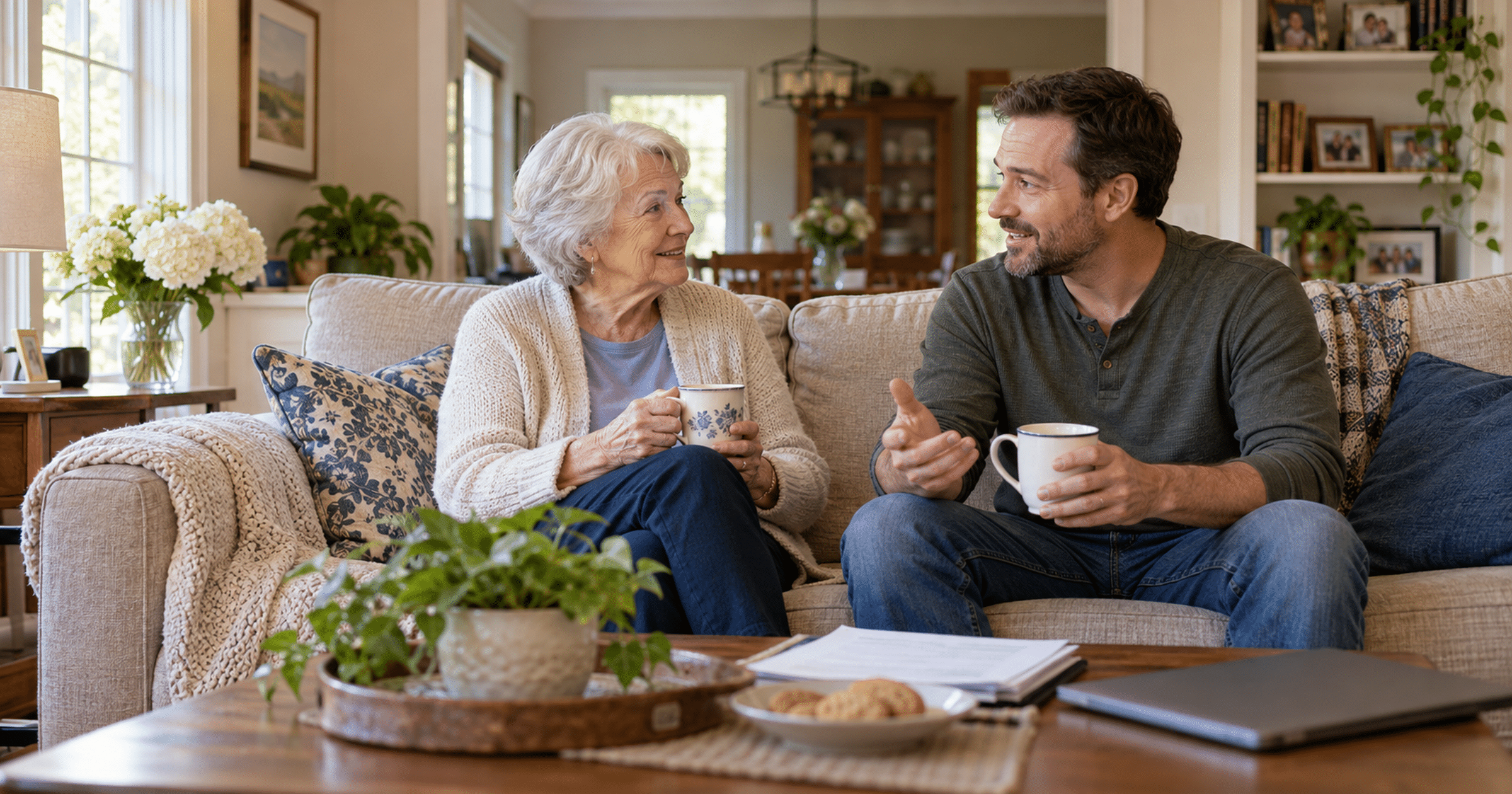 An older woman and her adult son talk about care options over tea on her comfortable home sofa