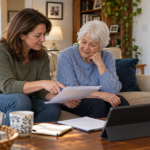 An adult daughter and her older mother sit together reviewing household safety in the living room, a walking aid nearby