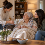 An older woman with a soft scarf rests at home while a younger caregiver brings tea and her daughter sits beside her