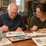 An older man and a younger companion paint small watercolor pictures together at his home dining table