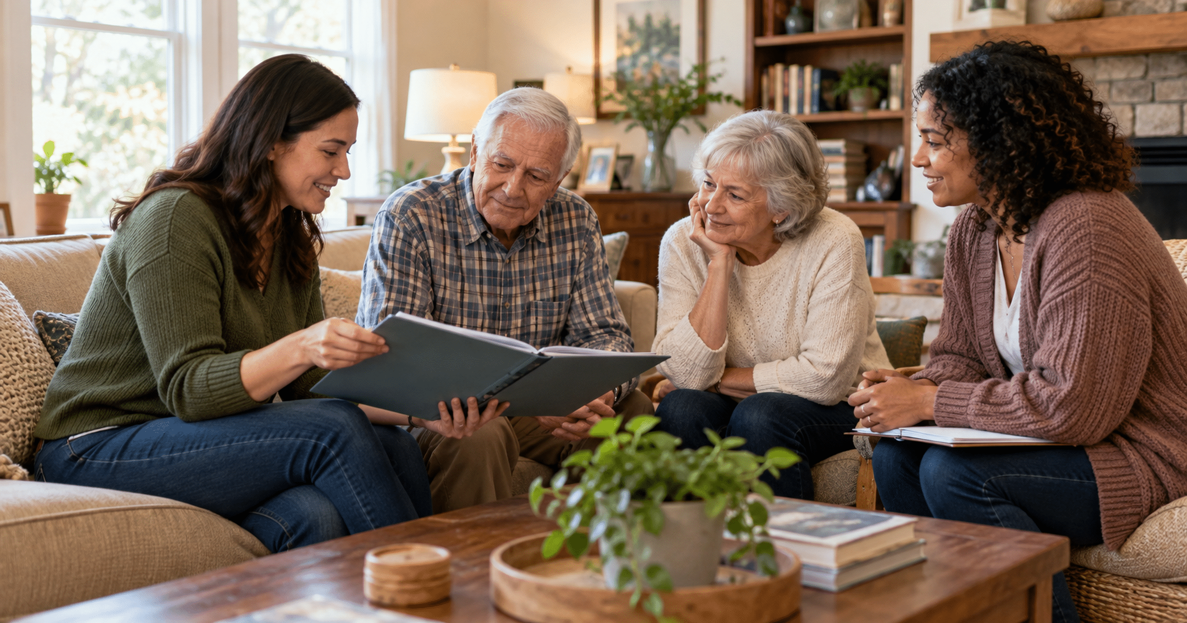 Two casually dressed care coordinators discuss a home support folder with an older couple in their living room