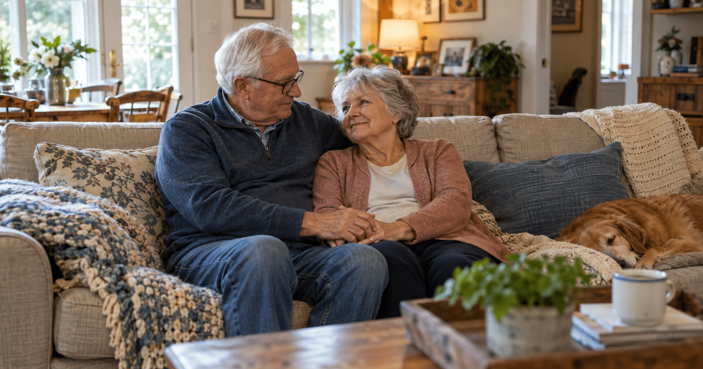 An older husband gently holds his wife's hand while they sit together on their home sofa