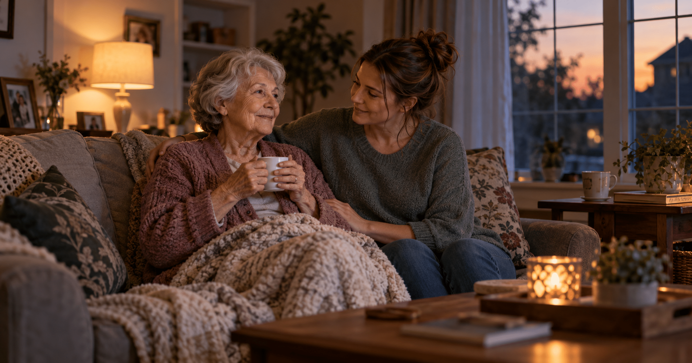 An older woman and a younger caregiver sit peacefully in a softly lit living room at dusk with curtains partly closed