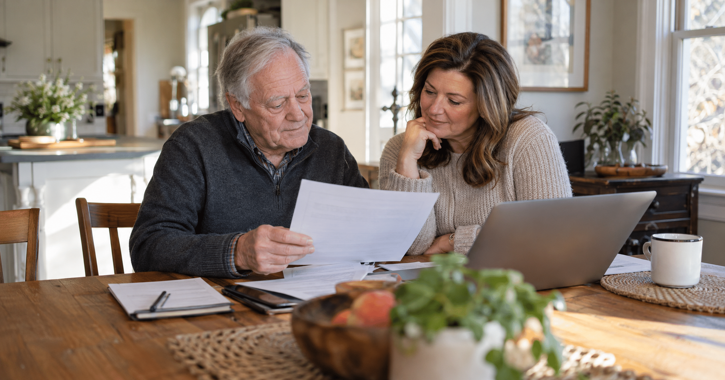 An older man and his adult daughter review care coverage paperwork at a kitchen table