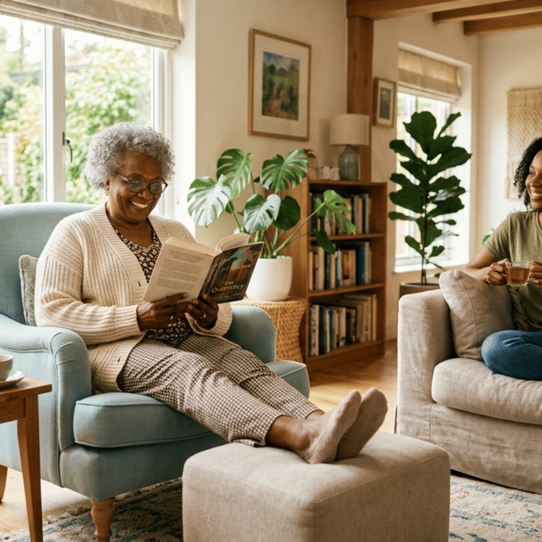 Caregiver caring for a parent with dementia in a comfortable living room setting