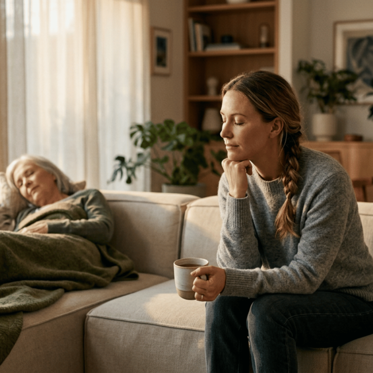 Family caregiver taking a quiet moment to rest while caring for an aging parent at home to avoid caregiver burnout