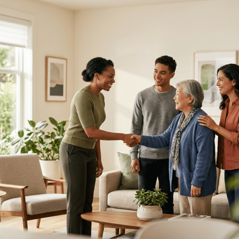 Family meeting a professional in-home caregiver at the front door of a house